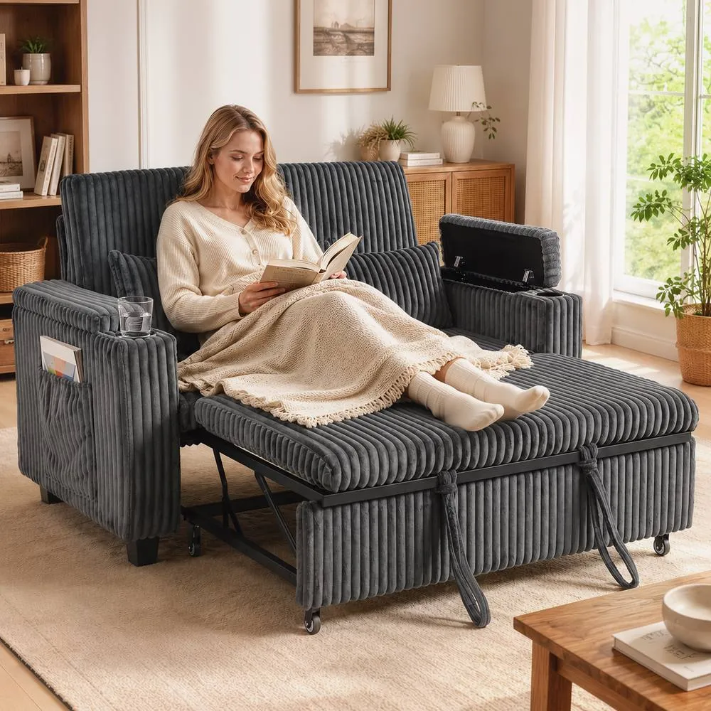 HOMCOM 2 Seater Sofa Bed, 3-in-1 Corduroy Pull Out Sleeper Sofa, Dark Grey 2