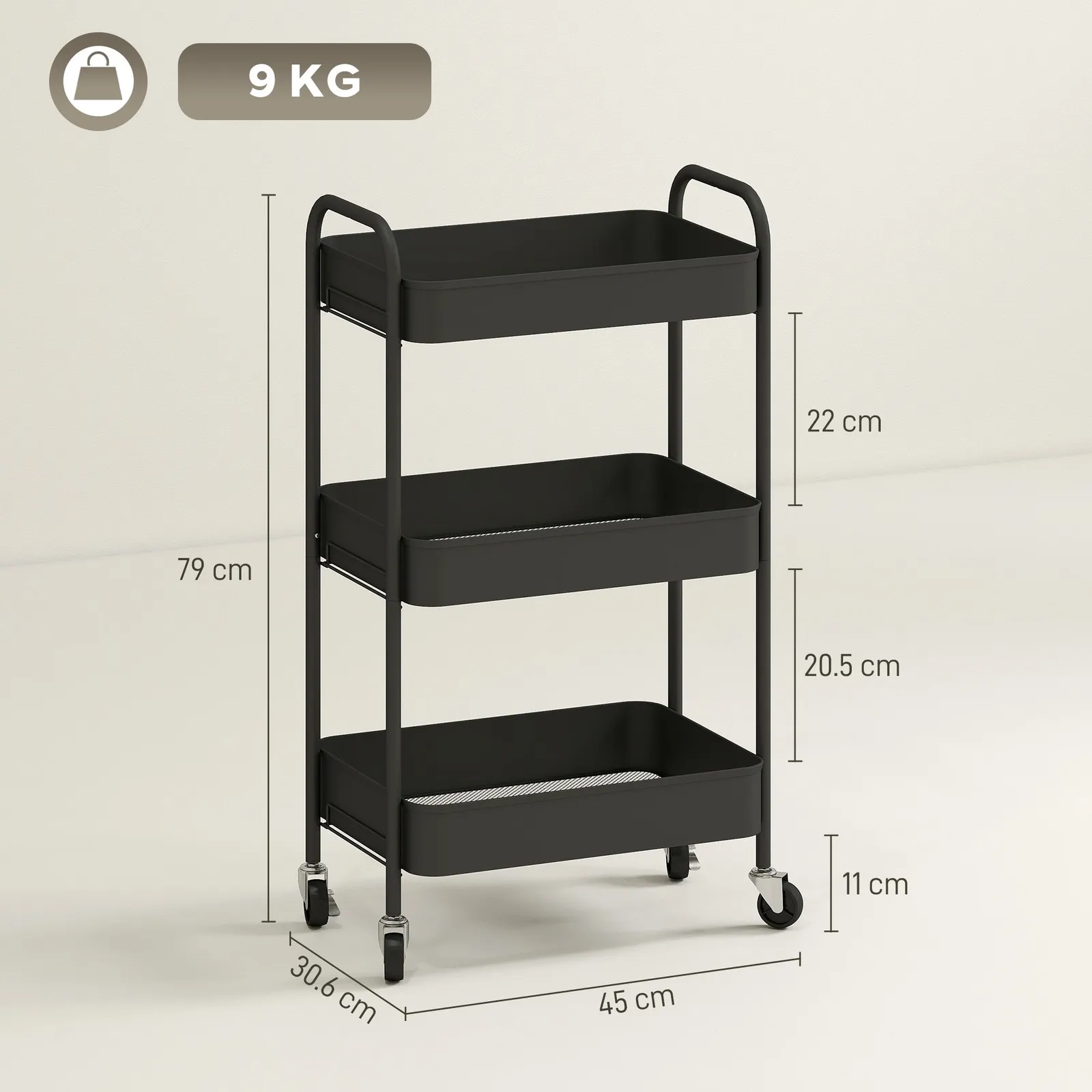 HOMCOM 3 Tier Rolling Utility Cart with 3 Mesh Basket in Black 3