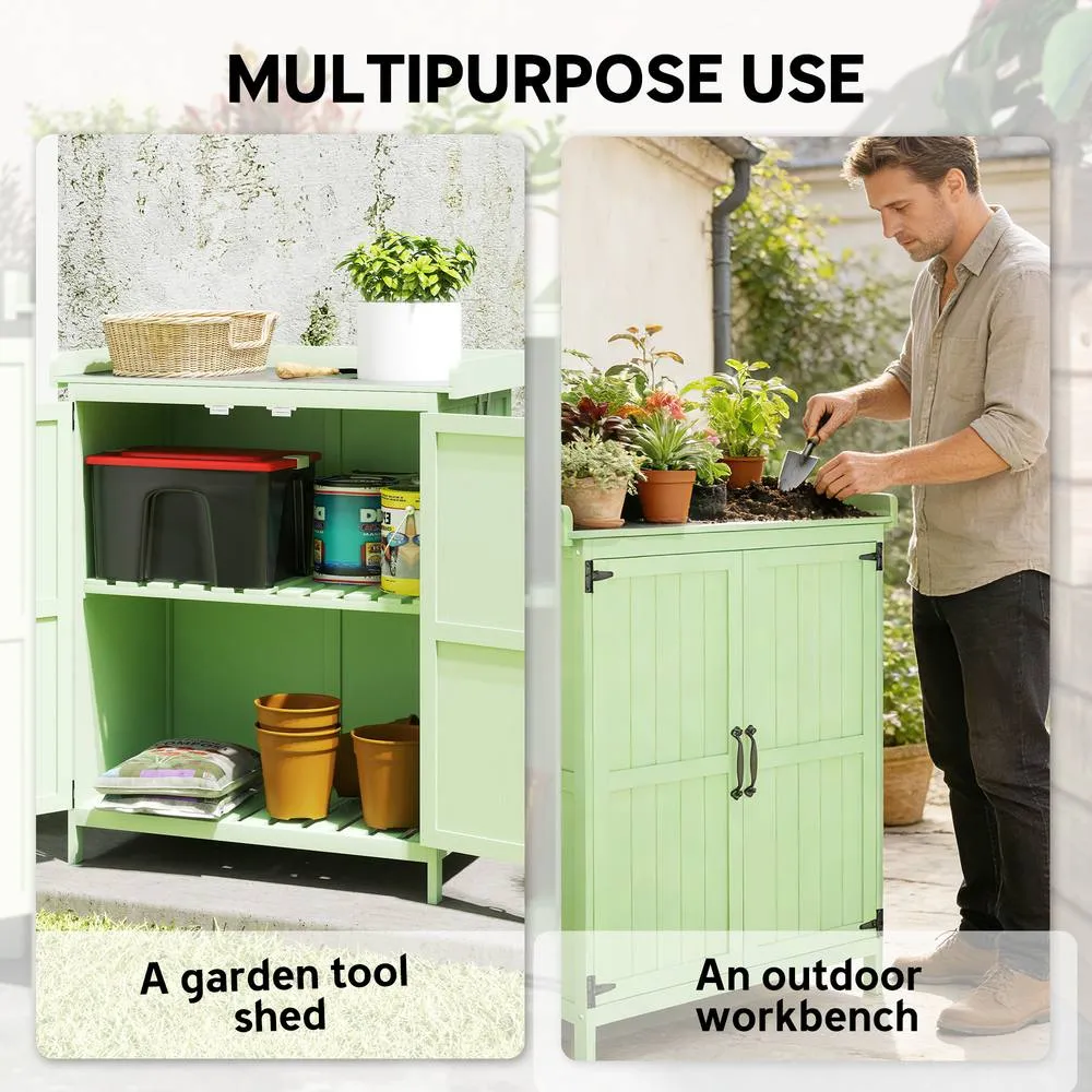 OUTSUNNY Wooden Garden Storage Shed w/Hinged Roof & Shelf, Light Green 4