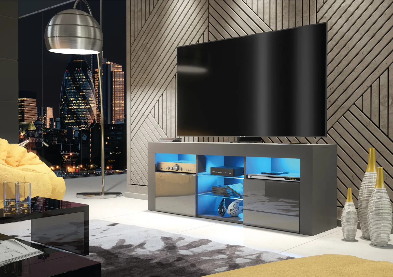 Creative Furniture Pulse TV Unit 145cm - A Stylish & Practical Cabinet with Gloss Doors & LED Lights in Dark Grey 4