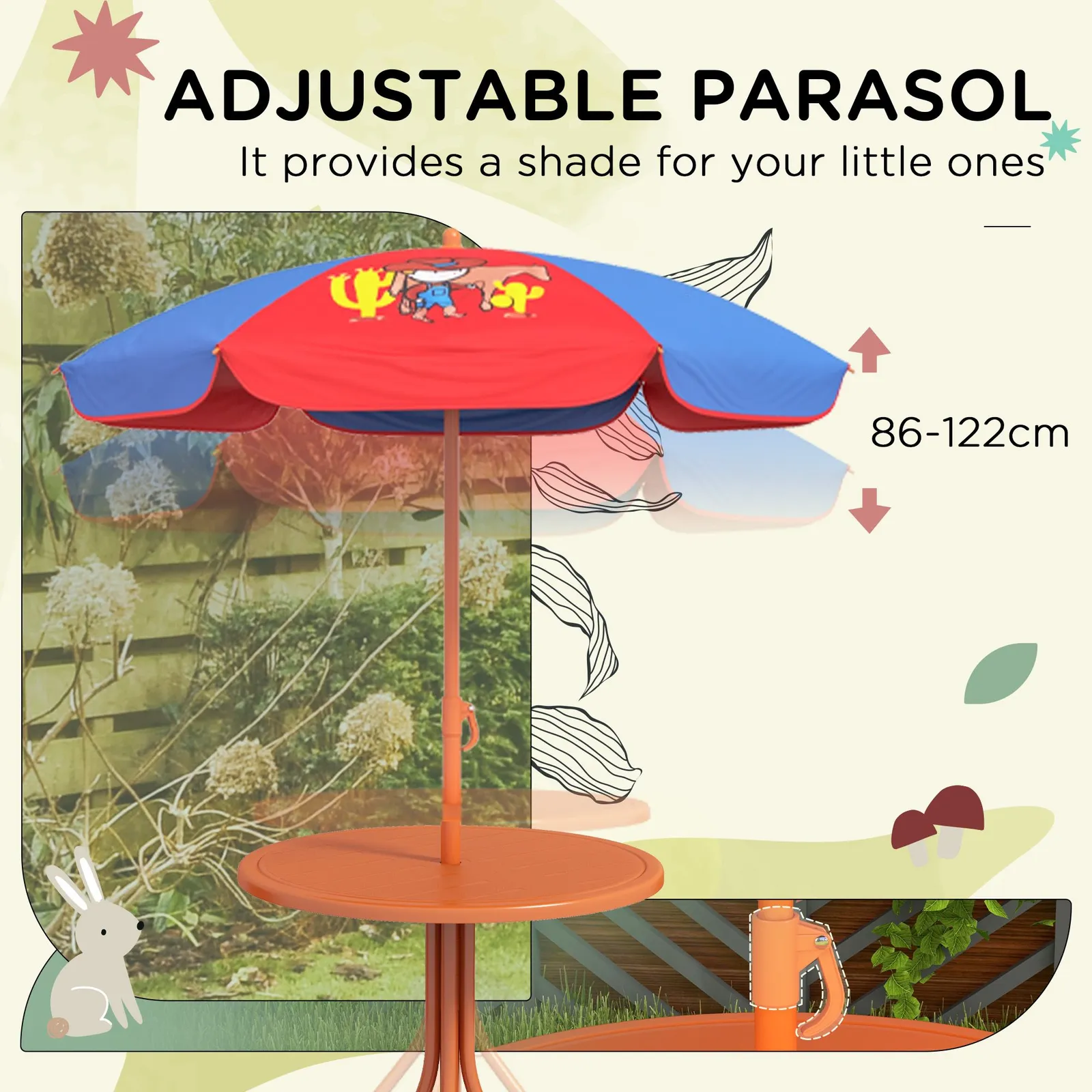 OUTSUNNY Children Table & Chair Set Outdoor Garden Furniture Set w/ Cowboy Theme 6