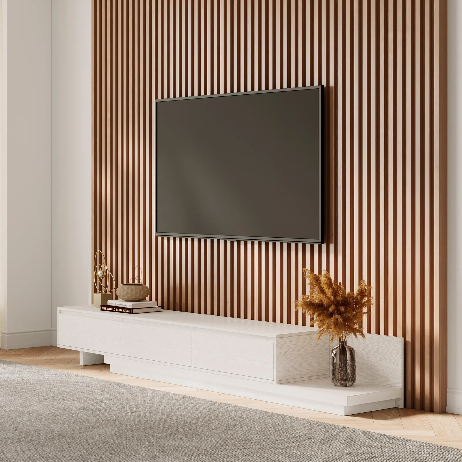 Fero Minimalist Retracted & Extendable 3 Drawers TV Stand in White Up to 120"