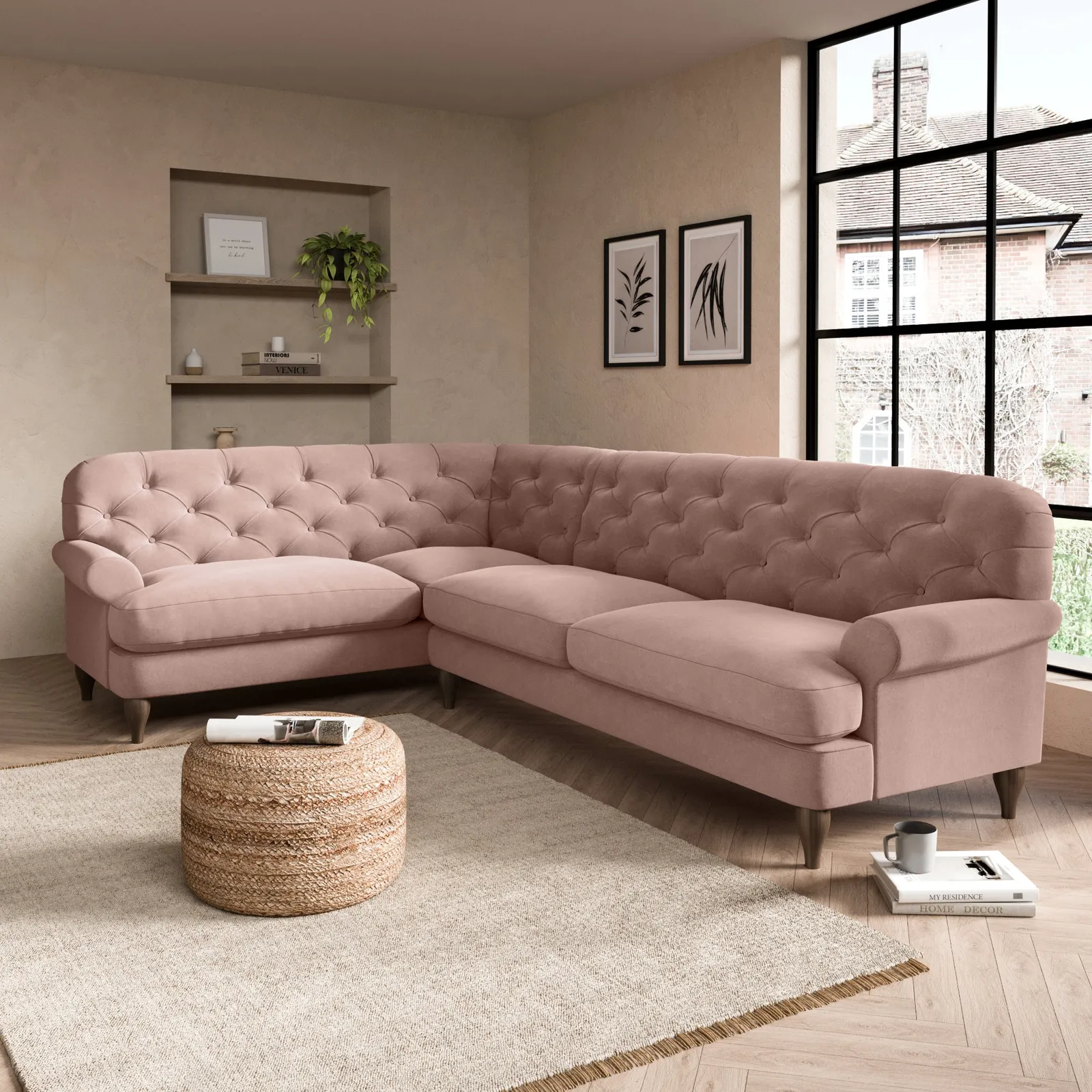 Canterbury Luxury Velvet Left Hand Corner Sofa Luxury Velvet Peach Blush