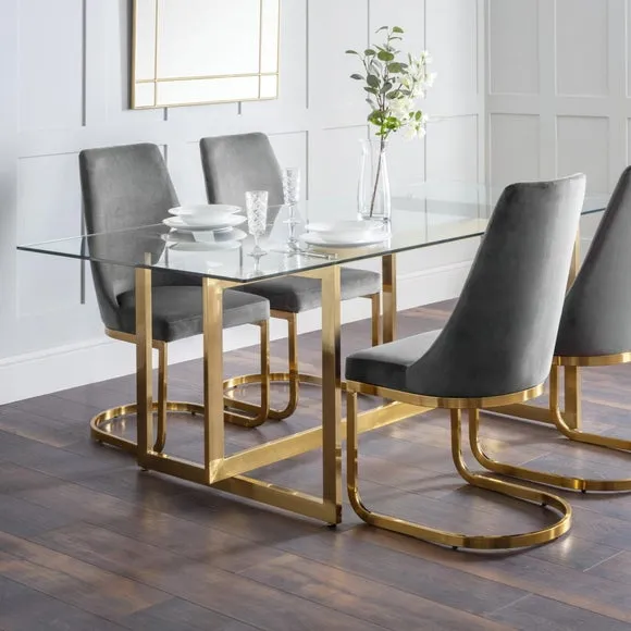 Minori 6 Seater Rectangular Glass Top Dining Table, Gold