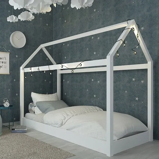 Hickory Wooden Single House Bed In White
