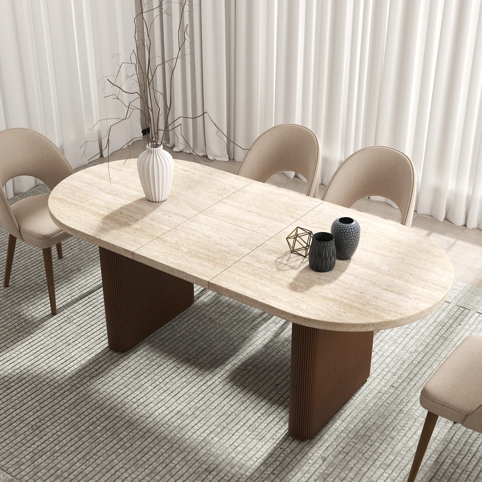 Fluve 160 - 200 cm Oval Extendable Matt Travertine Dining Table Butterfly Leaf 6-10 Seater