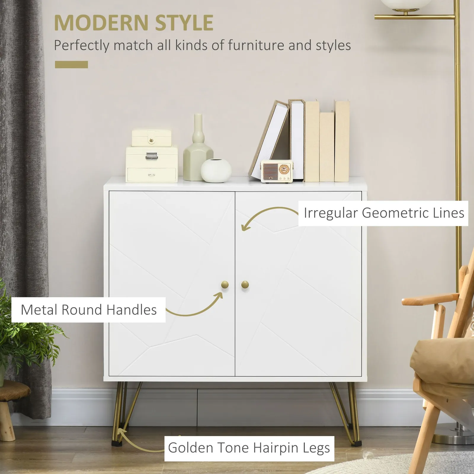HOMCOM Modern Storage Cabinet with 2-tier Door Cupboard & Golden Hairpin in White 4