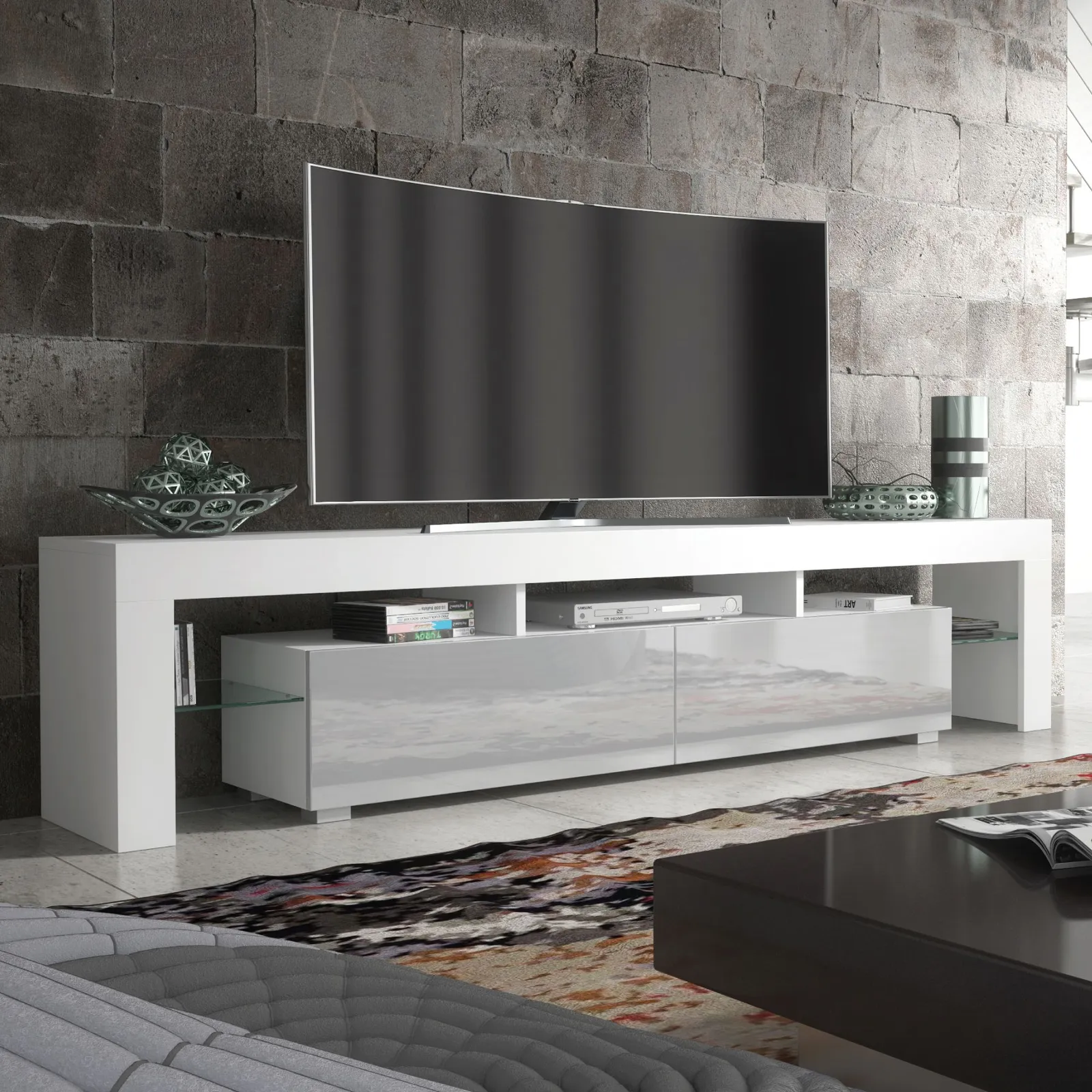 Creative Furniture TV Unit 200cm Modern - White with High Gloss Grey Doors