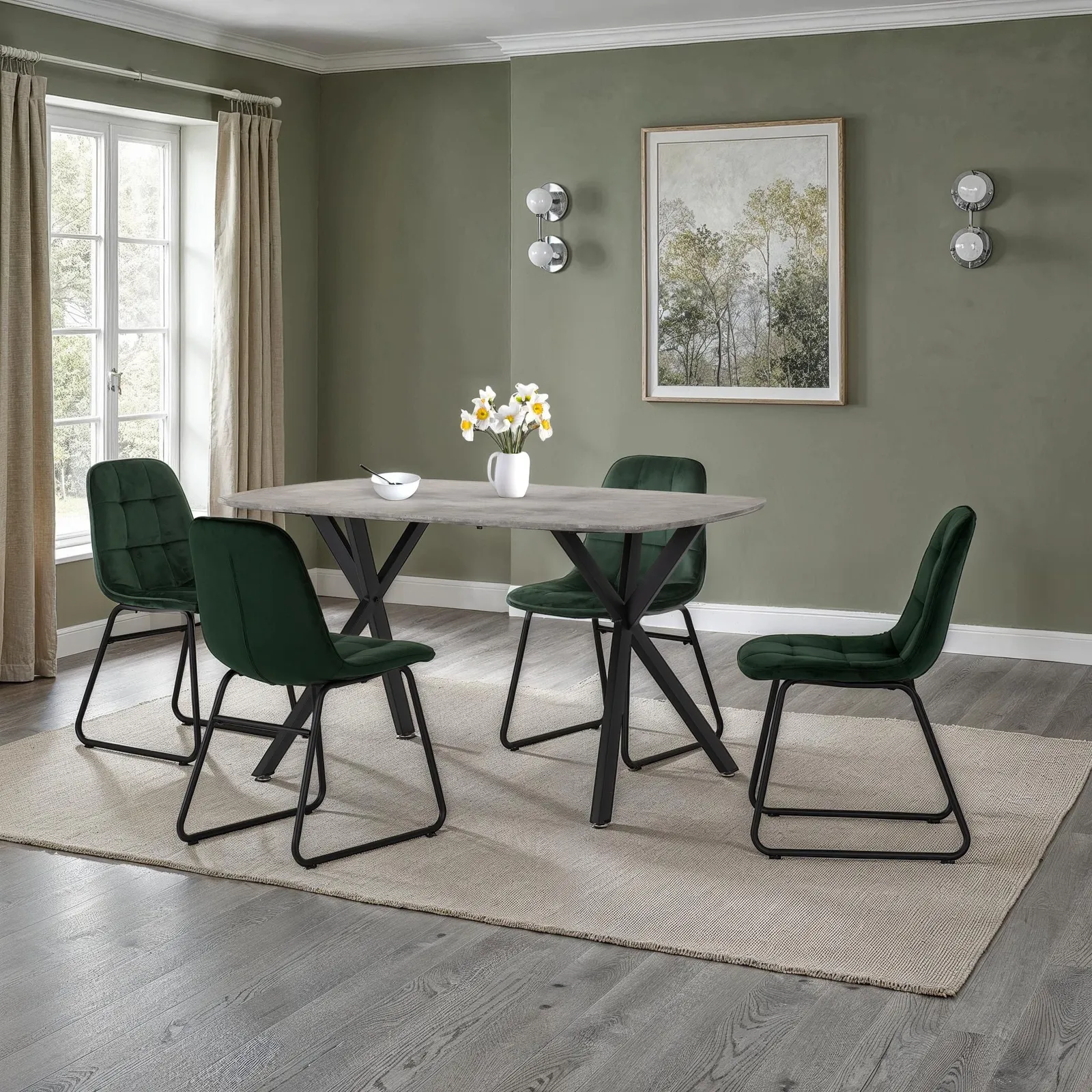 Seconique Athens Concrete Effect Rectangular Dining Set with Lukas Chairs in Green