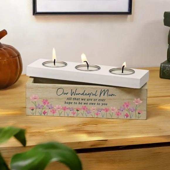 Personalised Floral Wooden Triple Tealight Holder