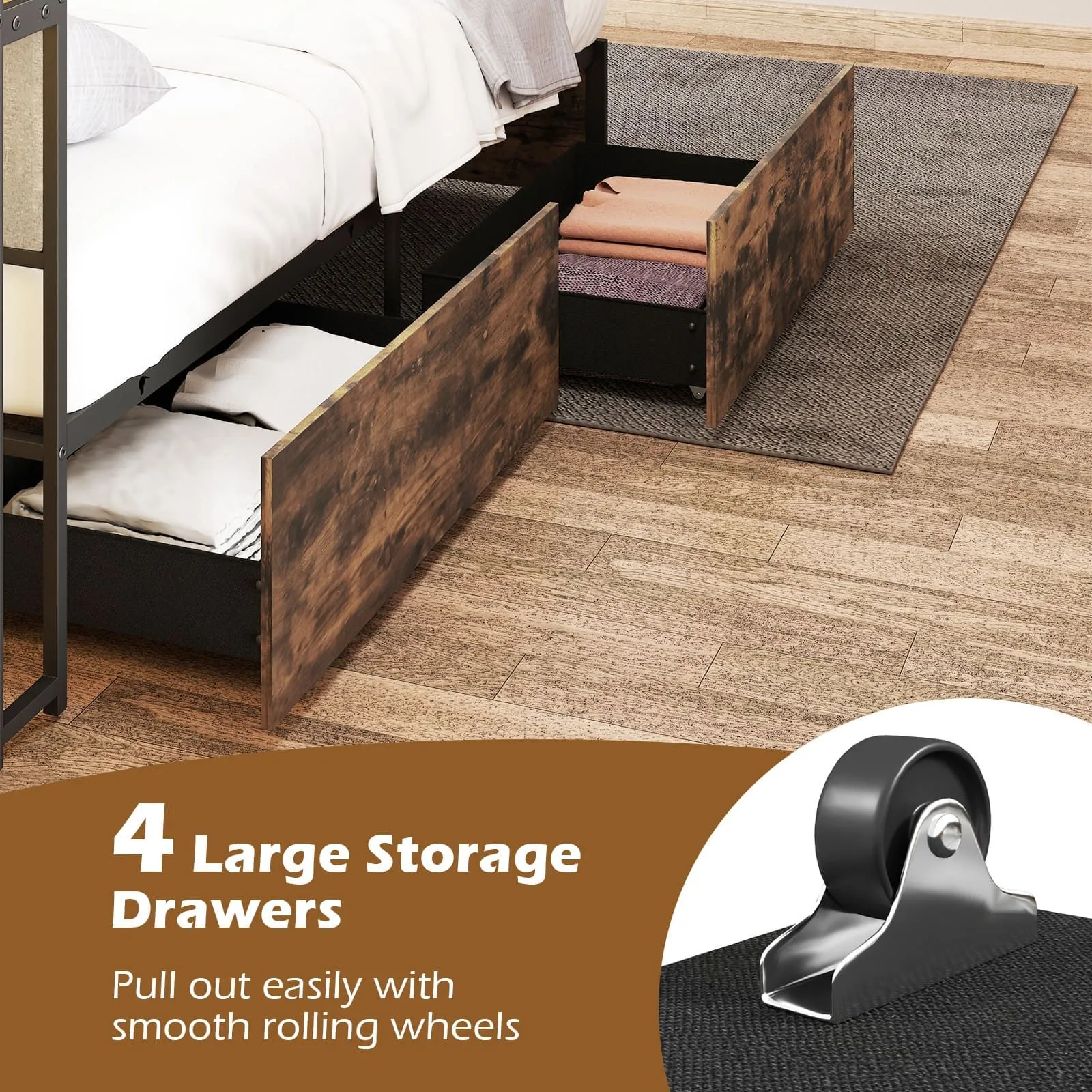 Costway King Bed Platform Bed with LED Lights & USB Power Outlets in Brown 6