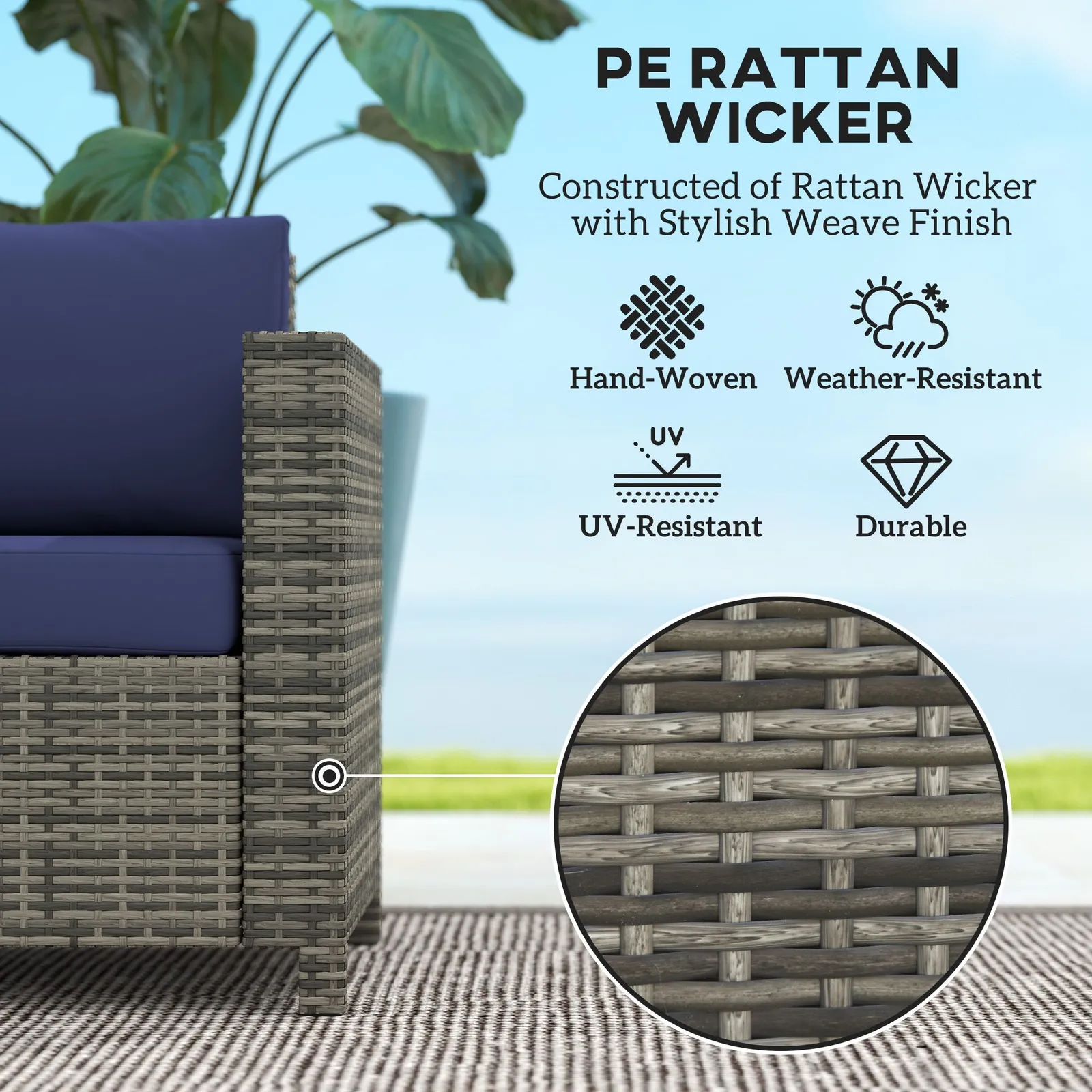 OUTSUNNY Rattan Wicker 2-seat Sofa Loveseat Padded Garden Furniture in Dark Blue 4