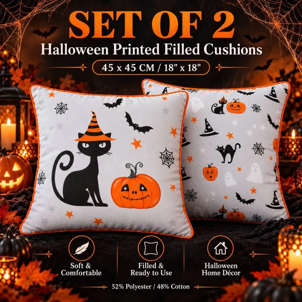 Smart Living Set of 2 Halloween Printed Filled Cushions 45x45cm Cat Pumpkin Design 2