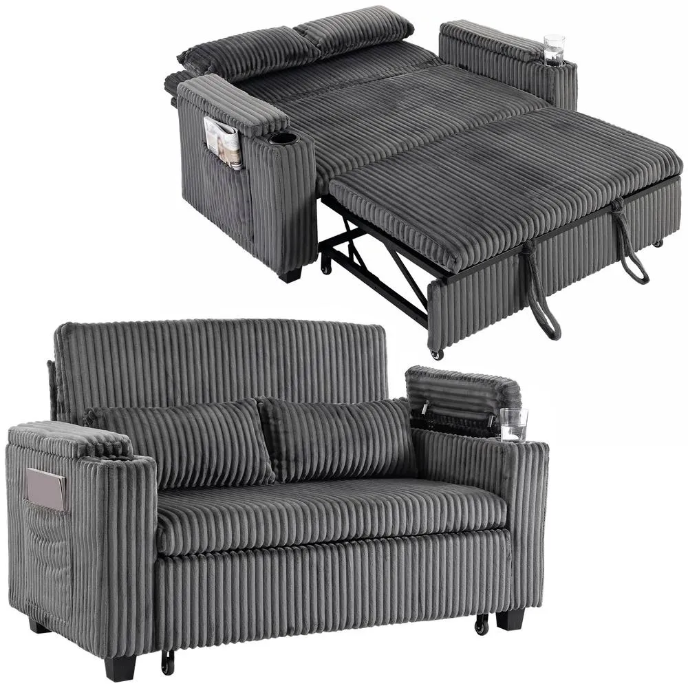 HOMCOM 2 Seater Sofa Bed, 3-in-1 Corduroy Pull Out Sleeper Sofa, Dark Grey
