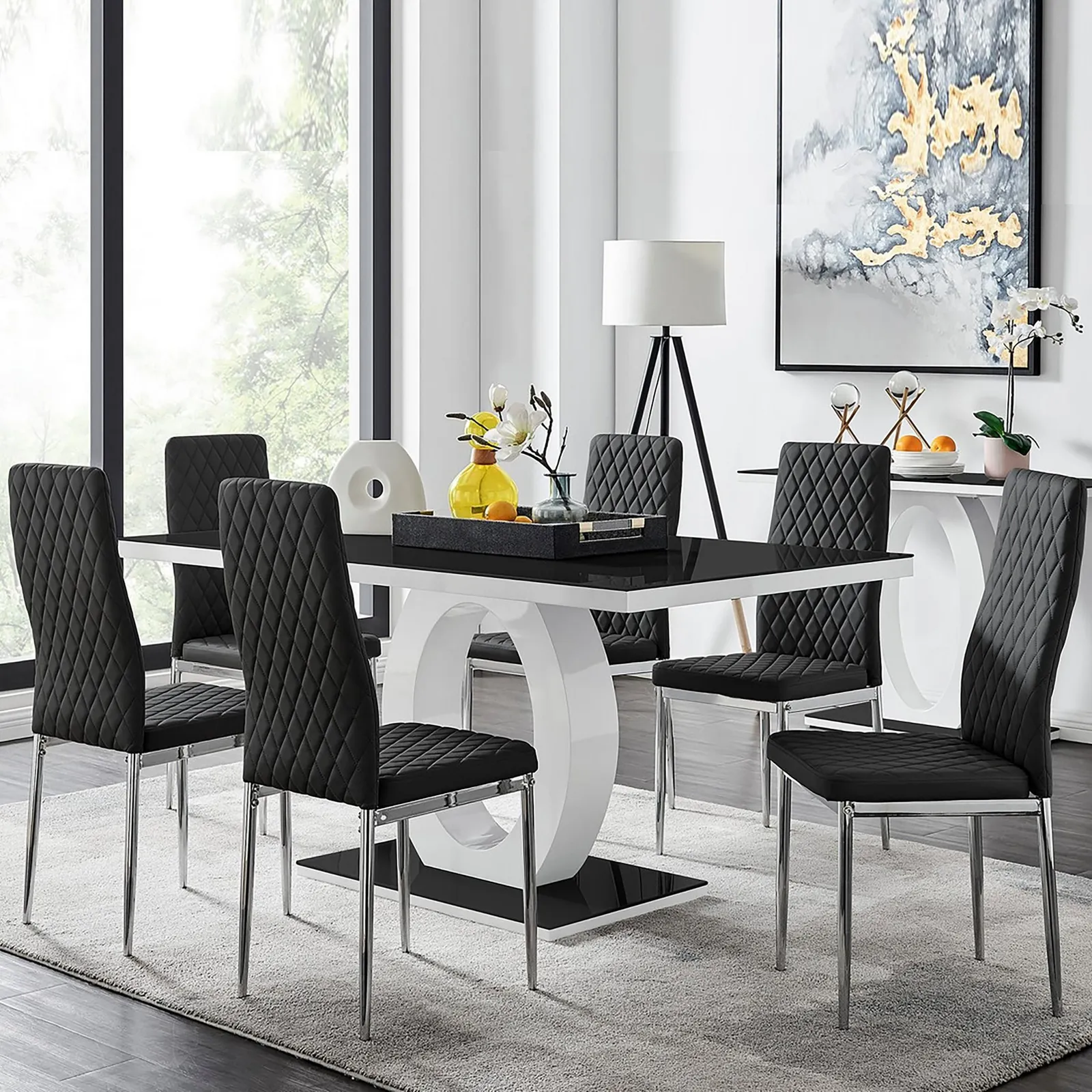 FurnitureboxUK Giovani Rectangular 6 Seat White High Gloss Unique Halo Dining Table Black Glass Top 6 Faux Leather Silver Leg Milan Chairs 1