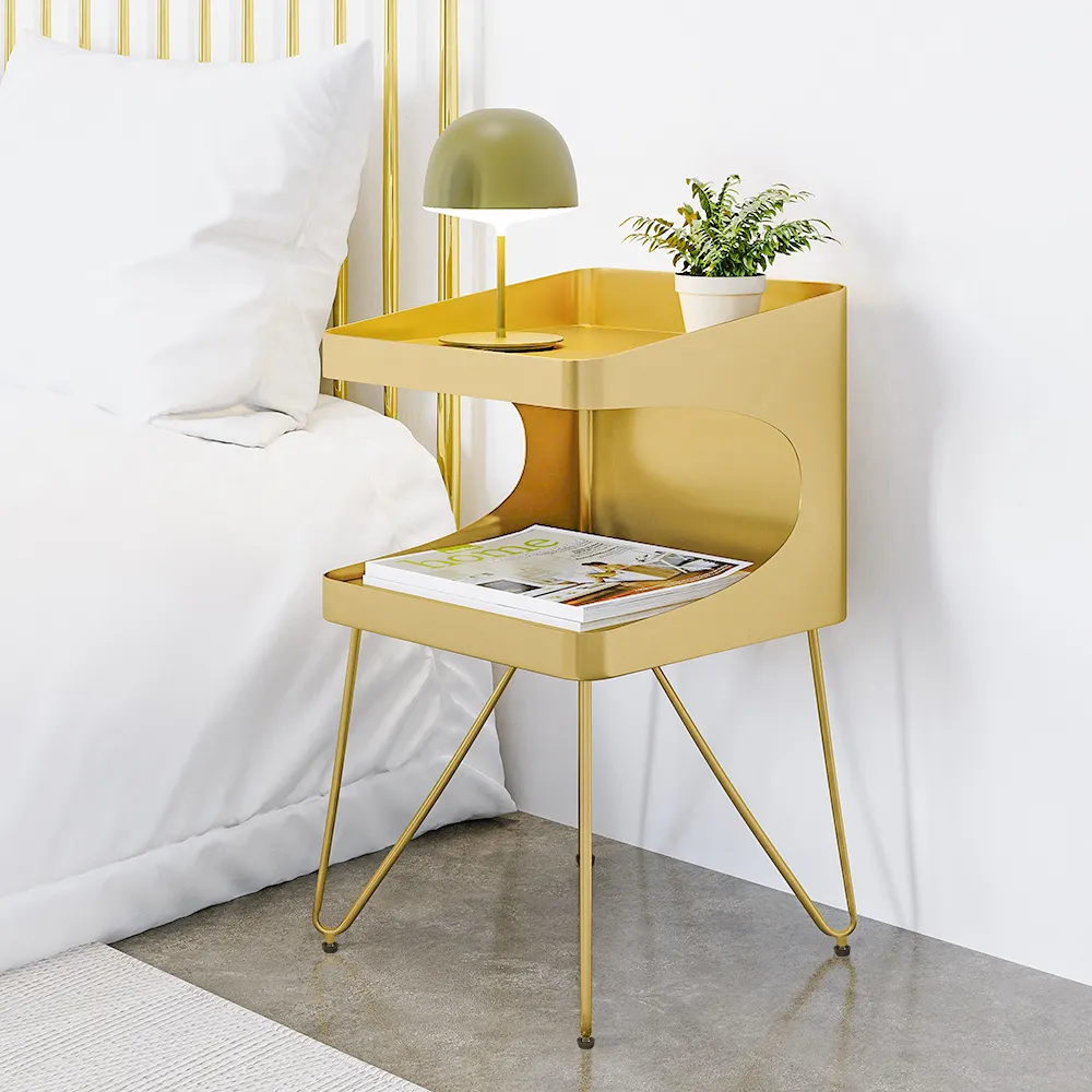 Modern Gold Metal Bedside Table with 2 Shelves and Handle Bedside Table