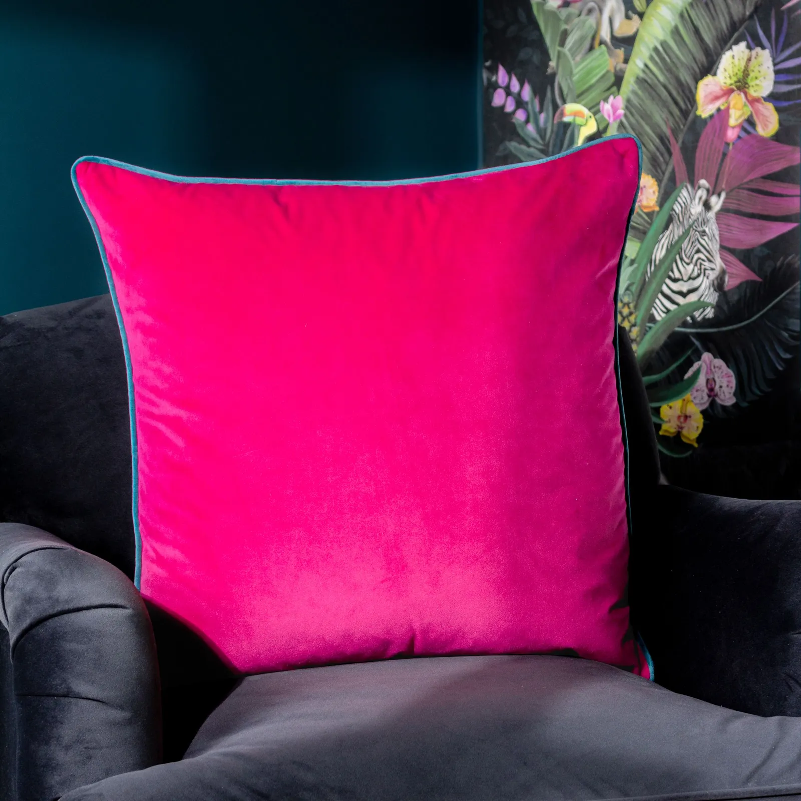 Furn Meridian Velvet Piped Cushion in Raspberry