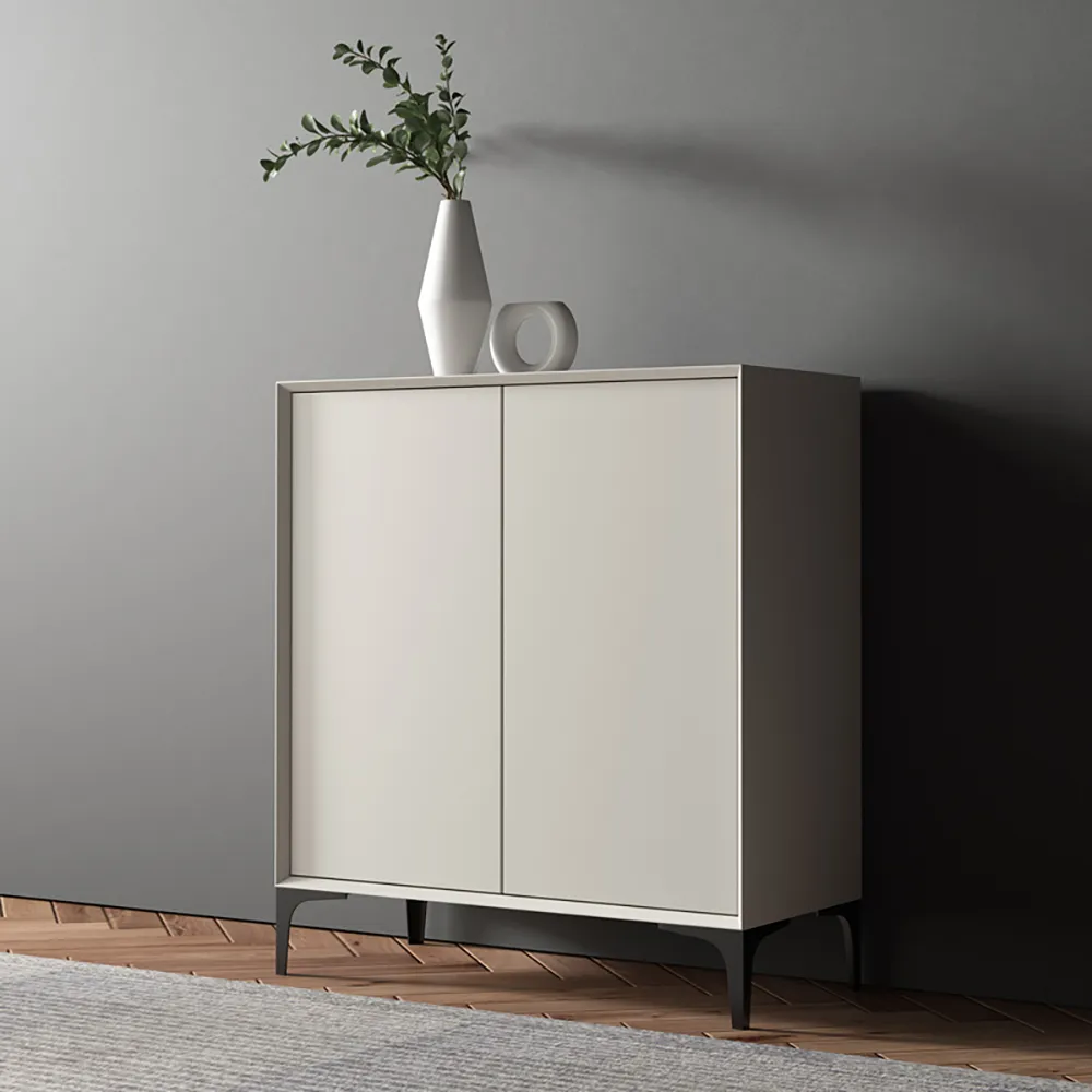 Nordic Minimalist Off White Wooden Shoe Cabinet with 2-Door 10 -Shelf