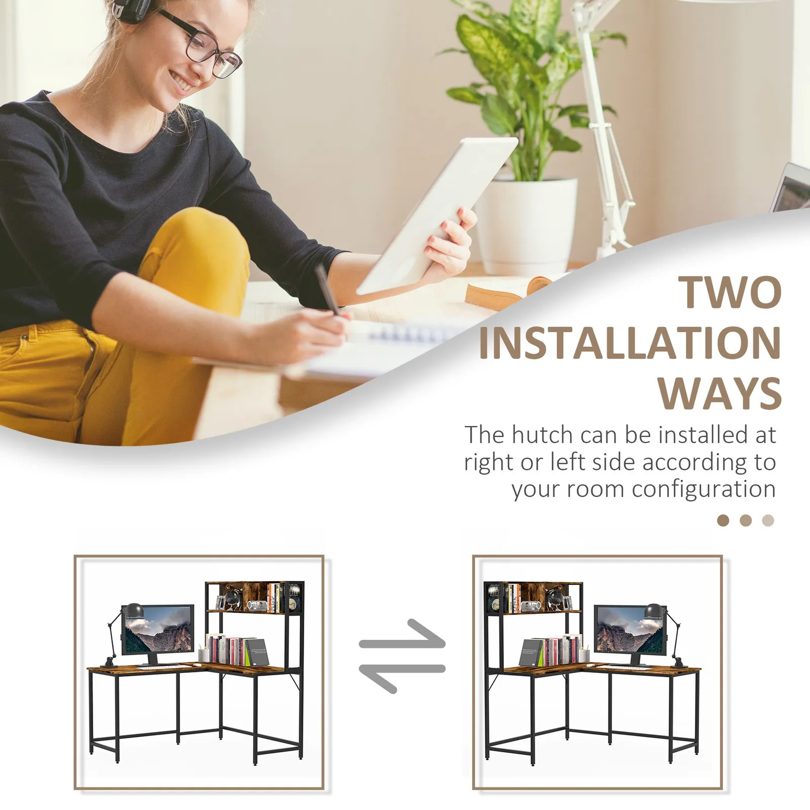 HOMCOM Industrial L-Shaped Work Desk & Storage Shelf Steel Frame in Brown 6