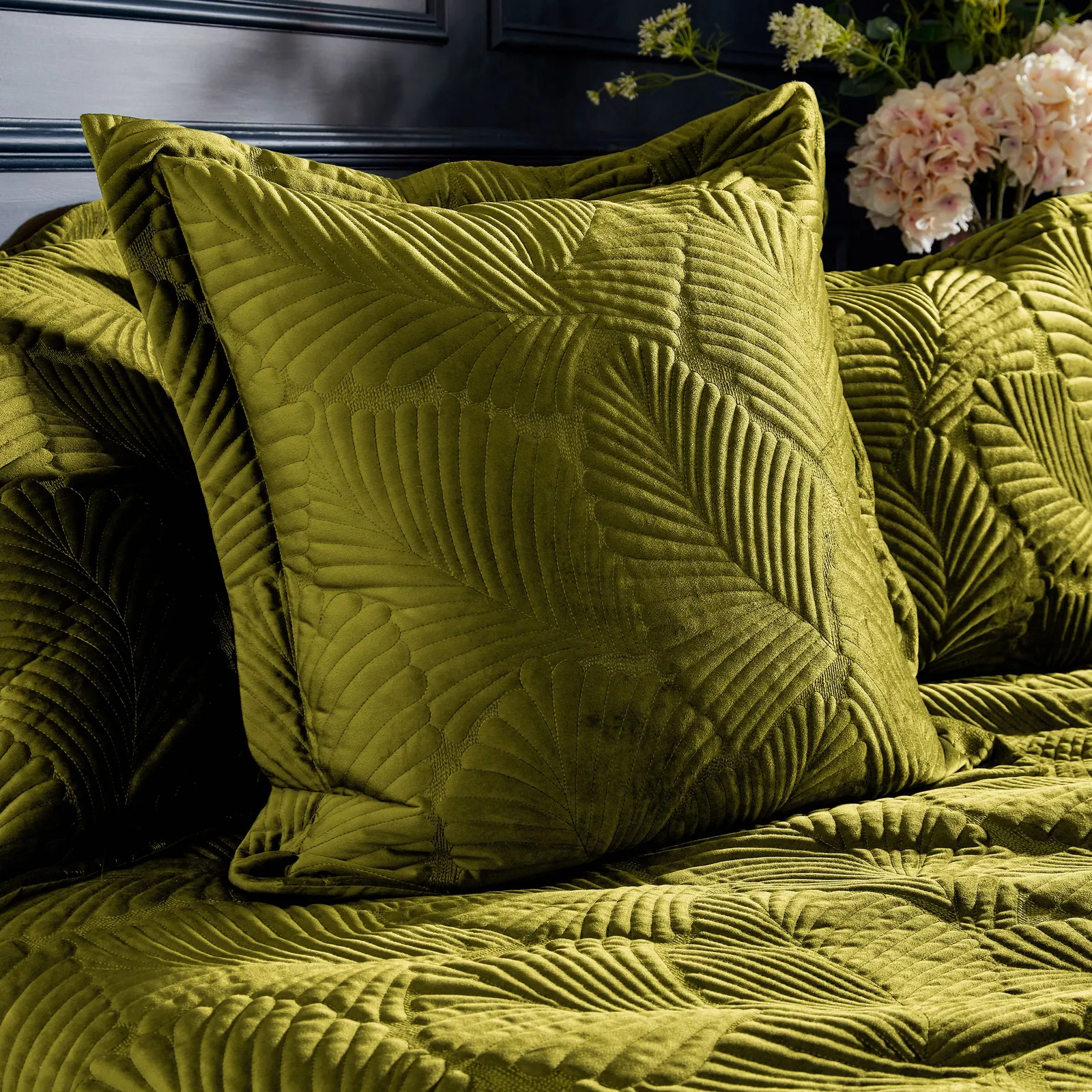 Paoletti Palmeria Quilted Velvet Duvet Cover Set in Green 4