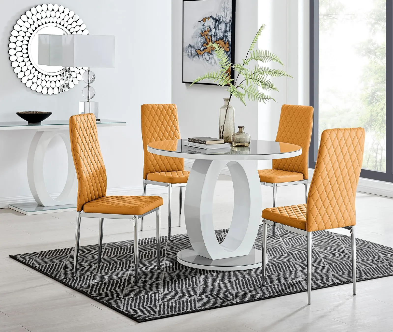 FurnitureboxUK Giovani Round 4 Seat 100cm White High Gloss Halo Base Grey Glass Top Dining Table 4 Soft Faux Leather Silver Leg Milan Chairs 1