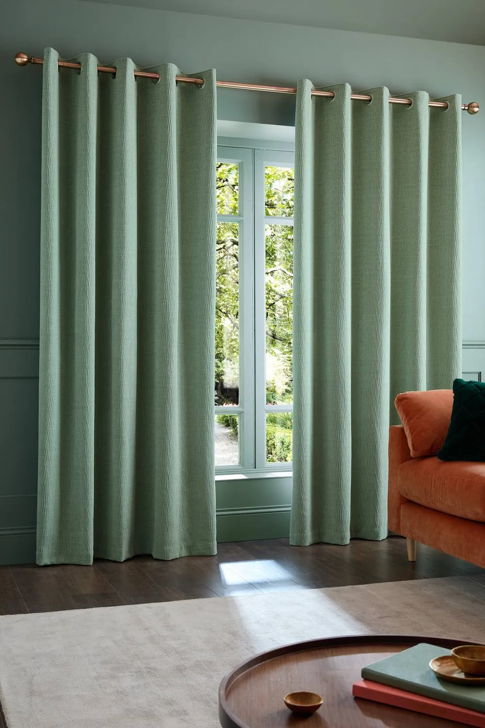 Catherine Lansfield 'Crinkle Chenille' Lined Eyelet Curtains in Green 1