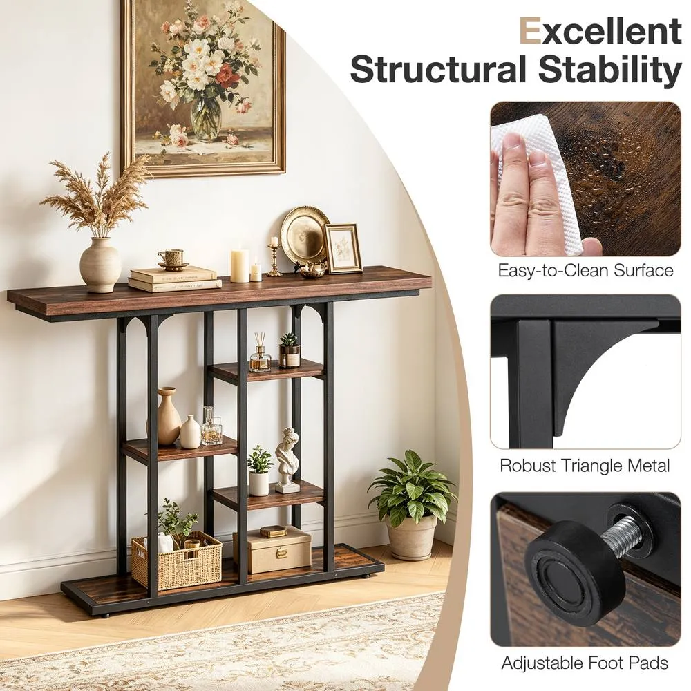 Costway 109 cm Console Table Industrial Narrow Entrance Table with Shelves in Brown 4