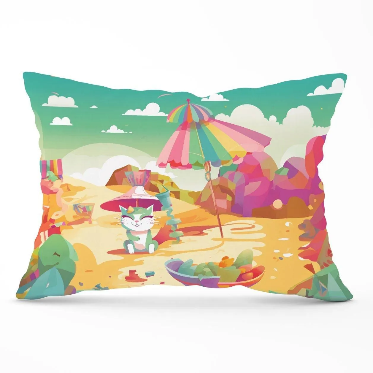 Warren Reed - Designer Kitten On A Beach Holiday Cushions in Yellow