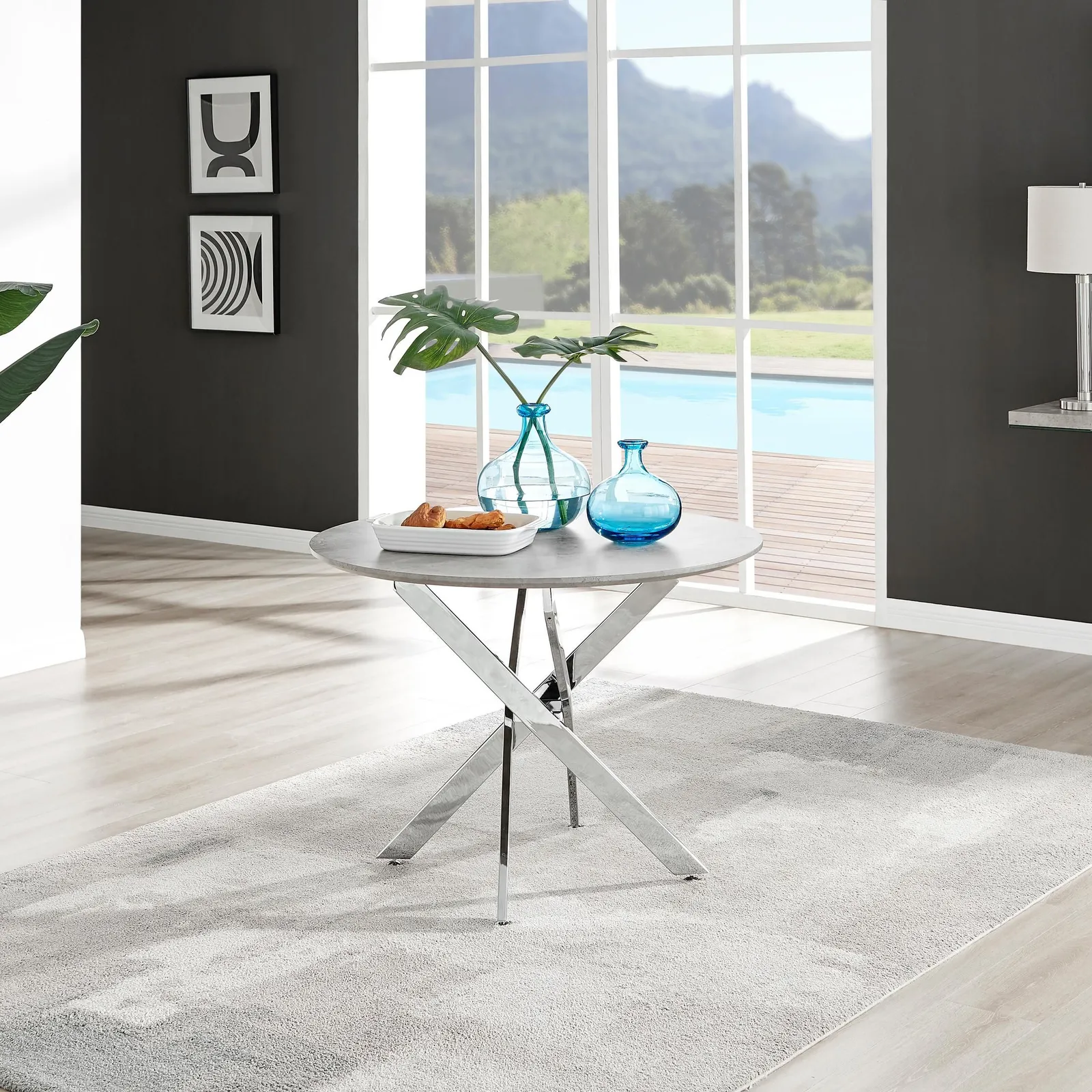 FurnitureboxUK Novara 100cm Round 4-Seater Dining Table With Silver Chrome Legs in Grey 1