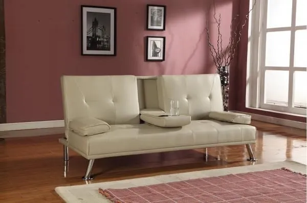 Comfy Living Ltd Faux Leather Italian Style Luxury Sofa Bed with Drink Cup Holder in Cream 1