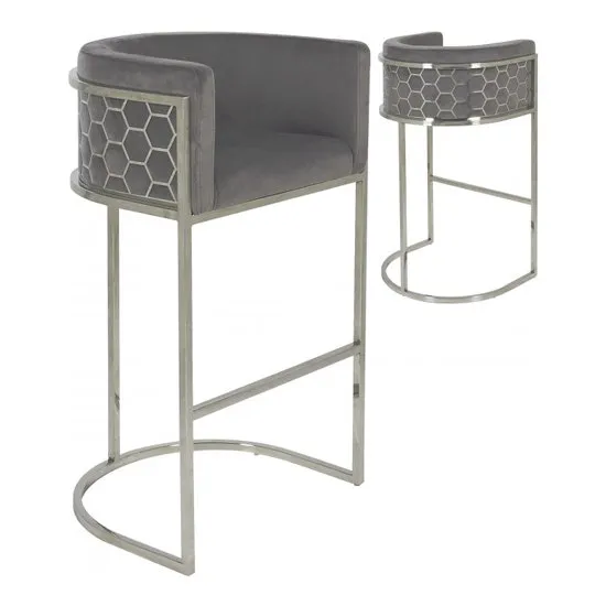 Meta Grey Velvet Bar Stools In Pair With Silver Legs