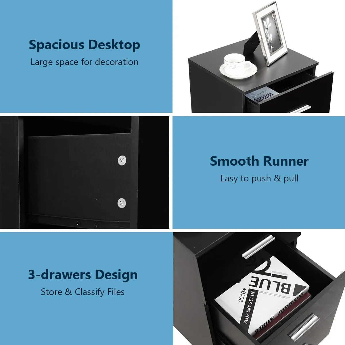 Costway 2Pcs 3-Drawer Chest Storage Cabinet Dresser Night Stand Organizer Black 5
