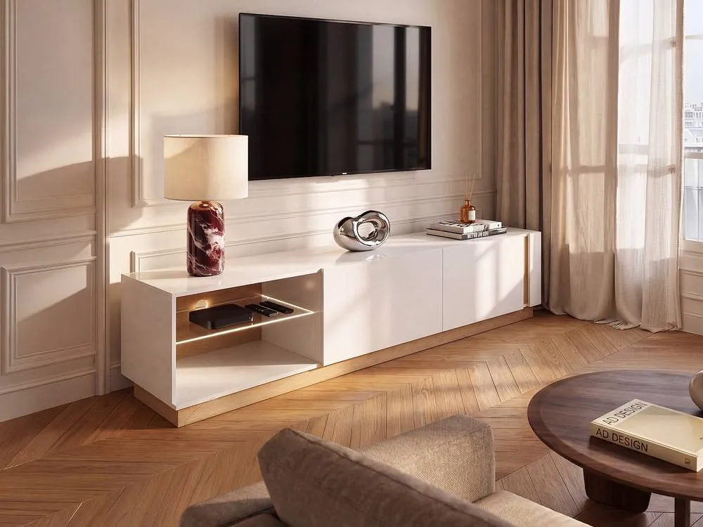 Vente-unique MURARI TV Stand - 2 Doors & 2 Shelves - With Leds - Gloss White and in Light Oak 3