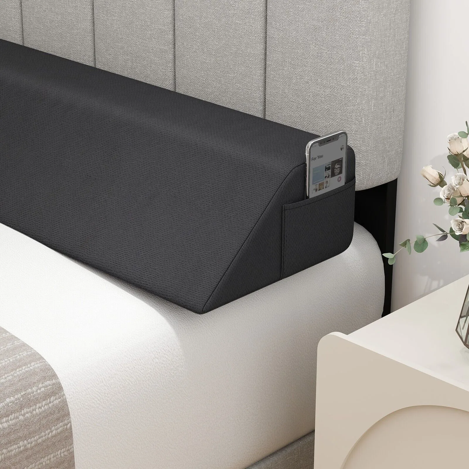 Gymax Full Size Wedge Pillow Bolster Gap Filler Trapezoidal With Side Pocket in Grey