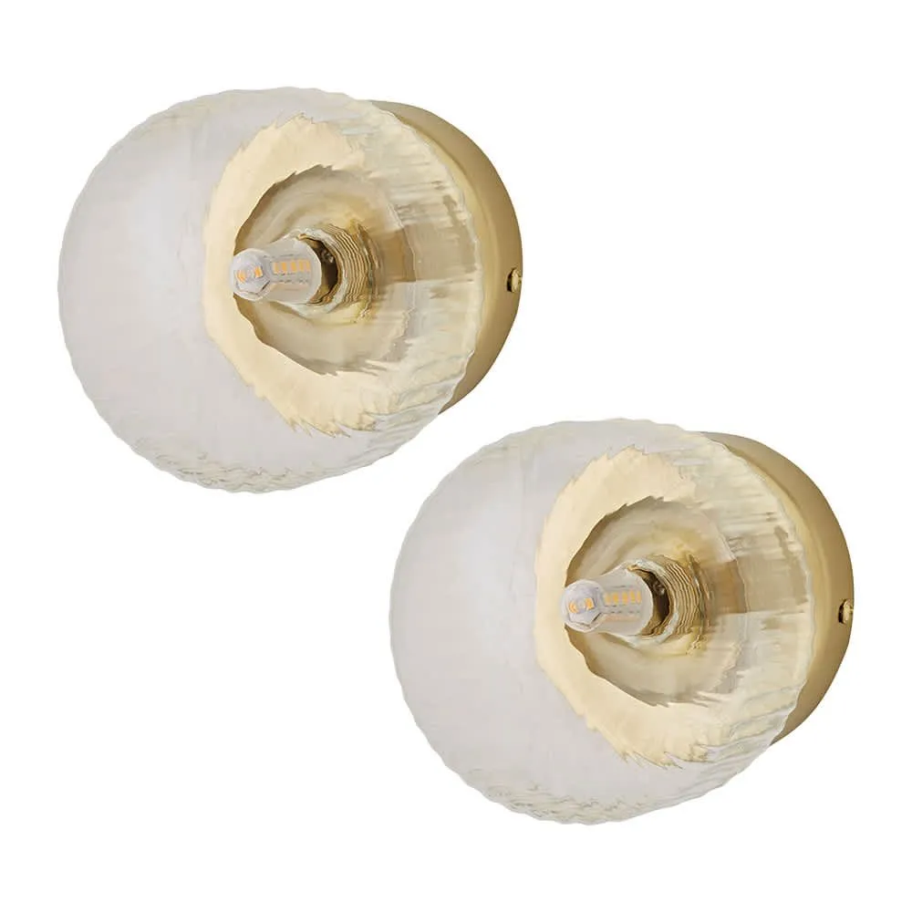ValueLights Calpe Pair of Small Ribbed Glass Flush Ceiling Wall Lights in Gold