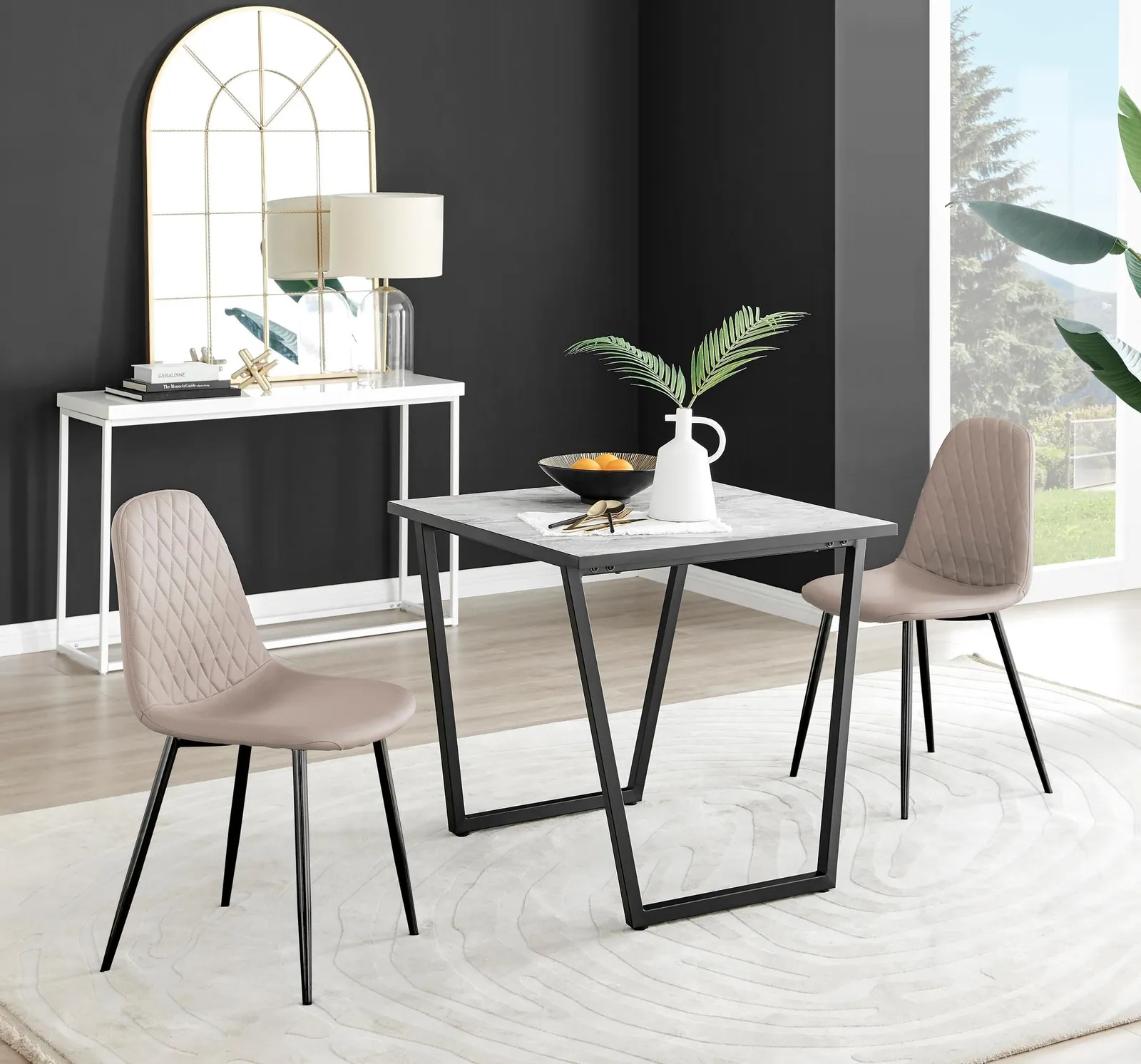 FurnitureboxUK Carson White Marble Effect Square Dining Table & 2 Faux Leather Corona Black Leg Chairs in Beige