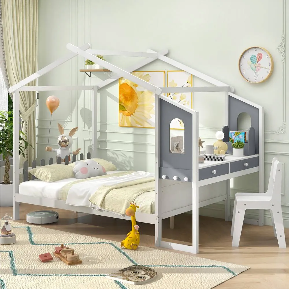Costway Double House Bed Wood Montessori Bed Frame Playhouse Bed w/Desk in White 4