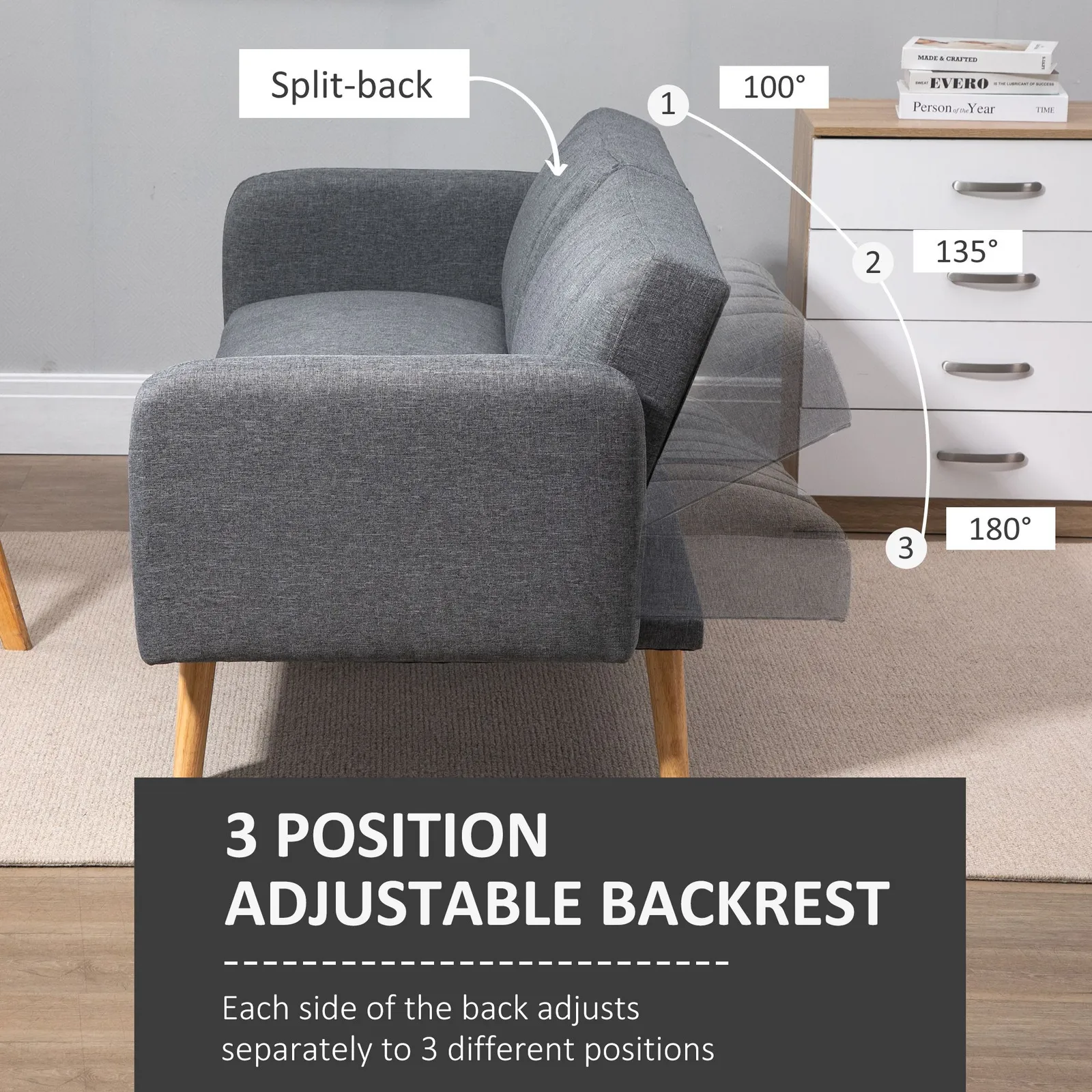 HOMCOM 3 Seater Linen Sofa Bed with Adjustable Backrest for Living Room in Grey 5