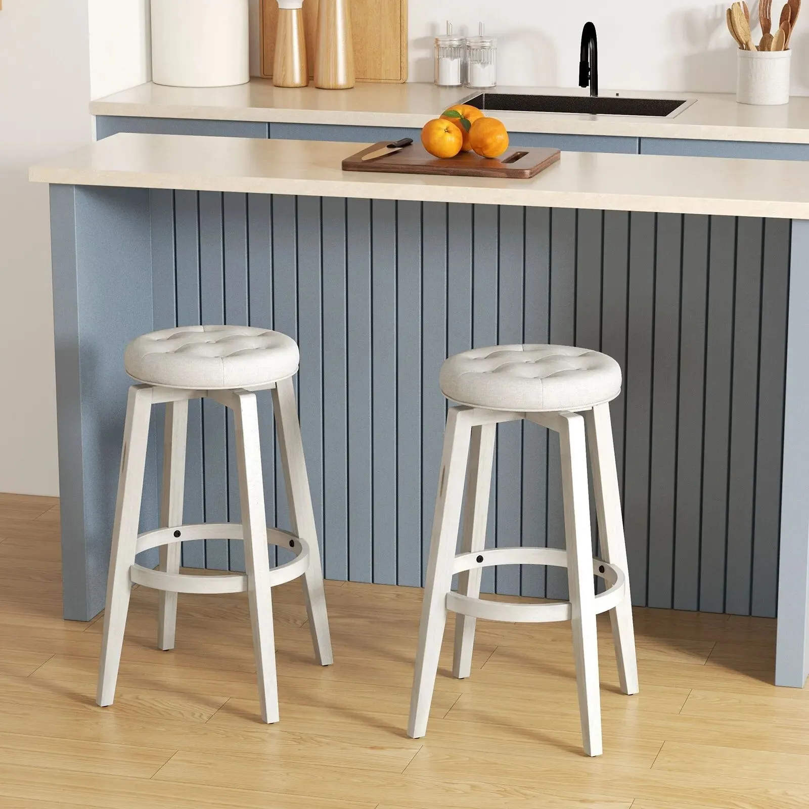 Costway Set of 2 Bar Stools Kitchen Upholstered Chair 360 Swivel Pub Stool 76cm in Beige 3