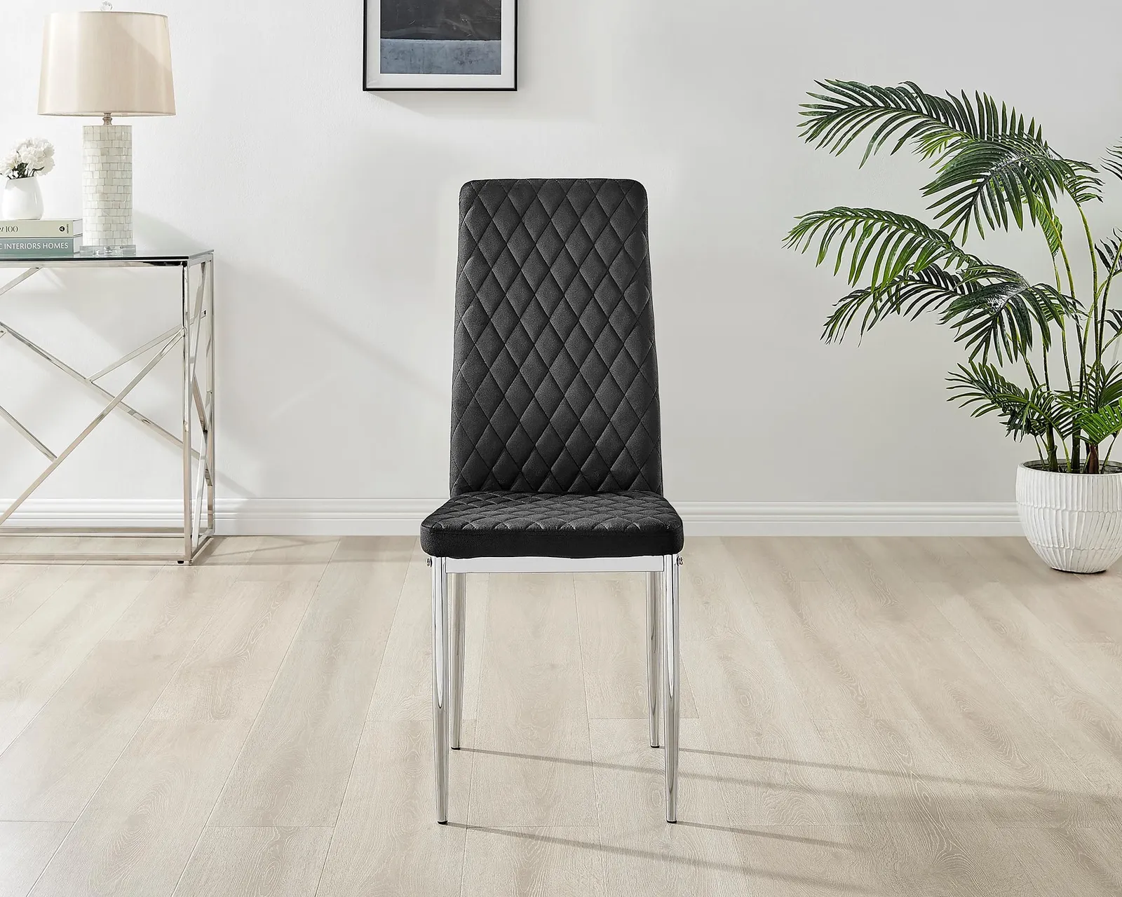 FurnitureboxUK Set of 4 Milan High Back Soft Touch Diamond Pattern Velvet Dining Chairs With Silver Chrome Metal Legs in Black 4