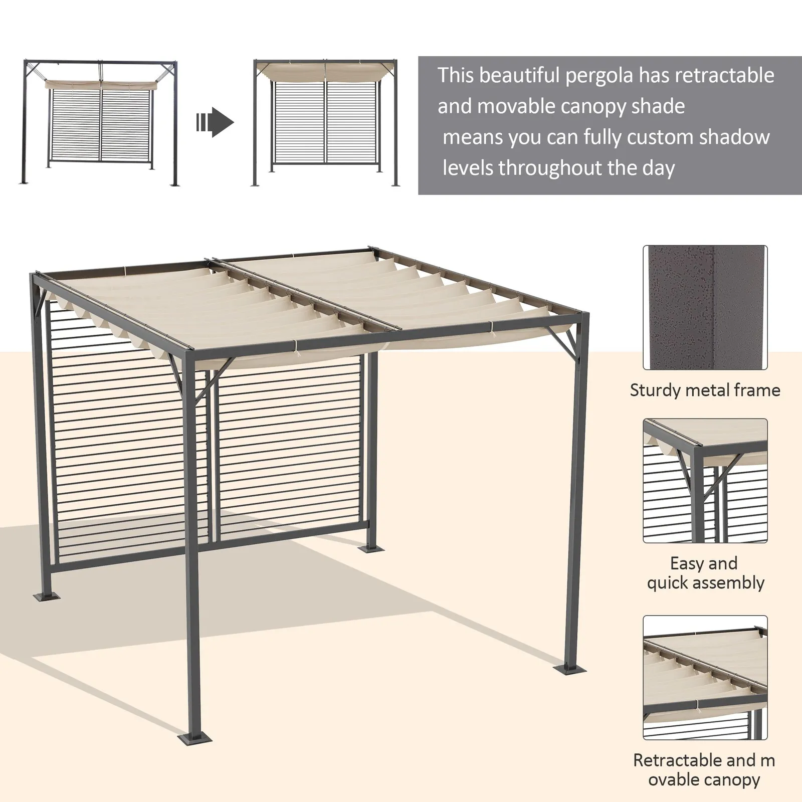 OUTSUNNY 3 x 2.8m Metal Pergola Patio Sun Shelter Grape Tent Retractable Canopy Gazebo in Beige 4