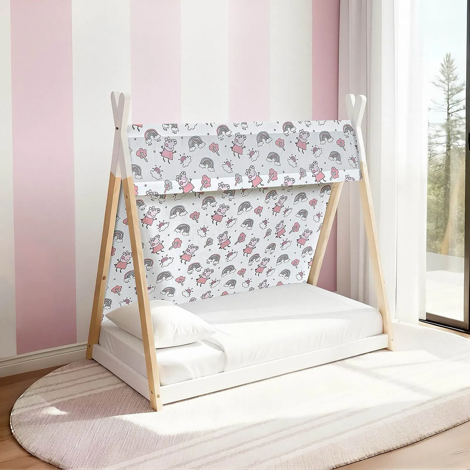 Peppa Pig - Toddler - Tent Bed with Peppa Pig Fabric Sheet - White/Oak - Fabric/Oak