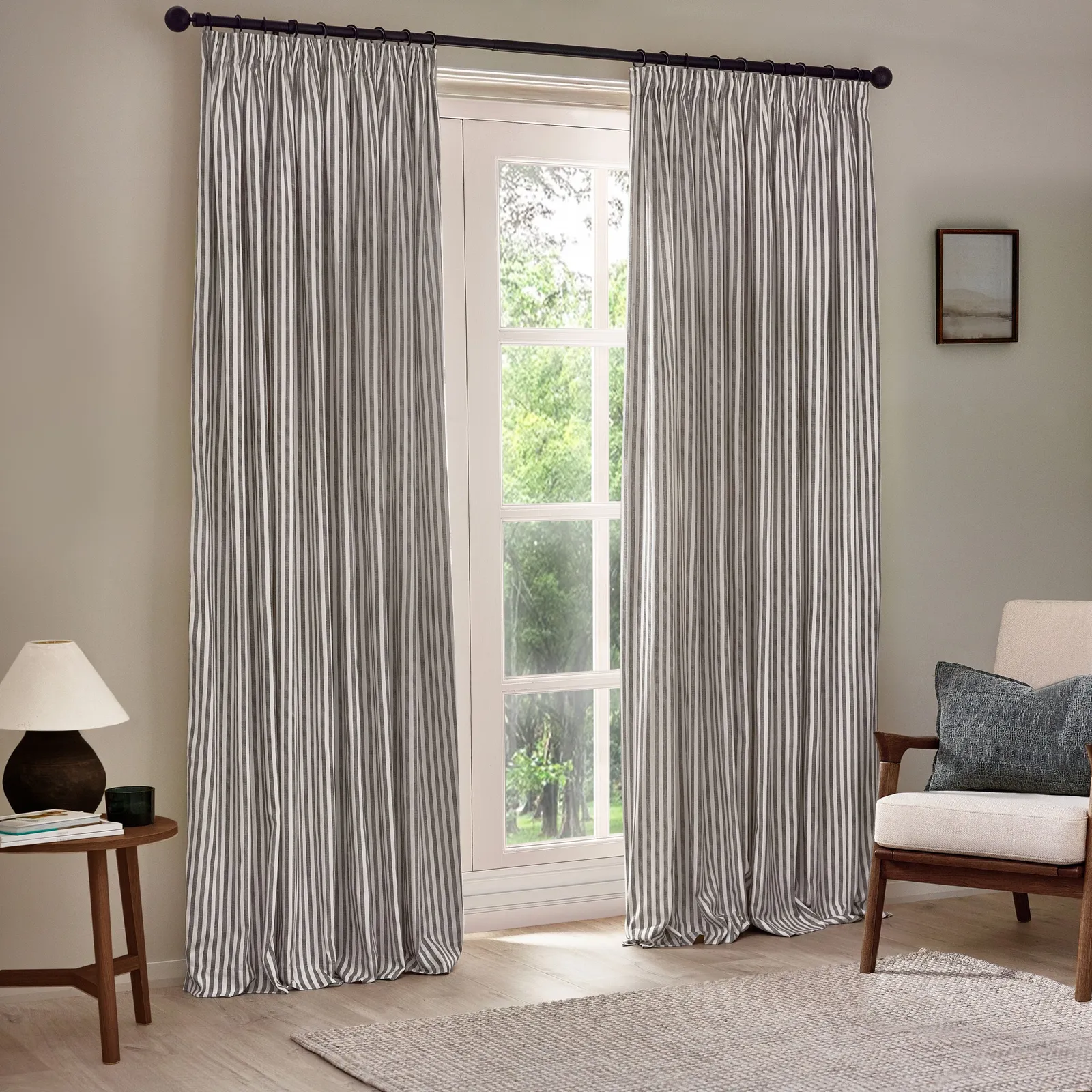 Yard Hebden Striped 100% Cotton Lined Pencil Pleat Curtain Pair in Grey 2