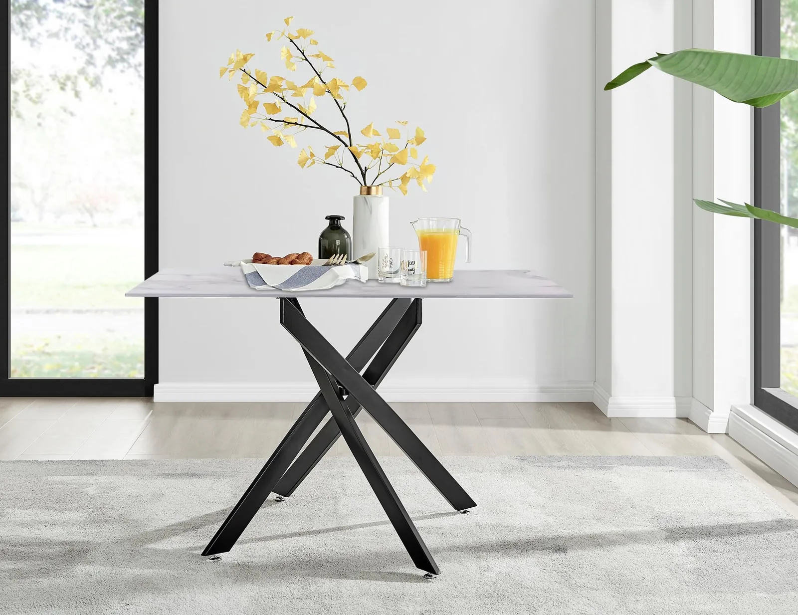 FurnitureboxUK Leonardo White Glass Marble Effect Black Leg Table & 4 Velvet Milan Black Leg Chairs in Grey 3