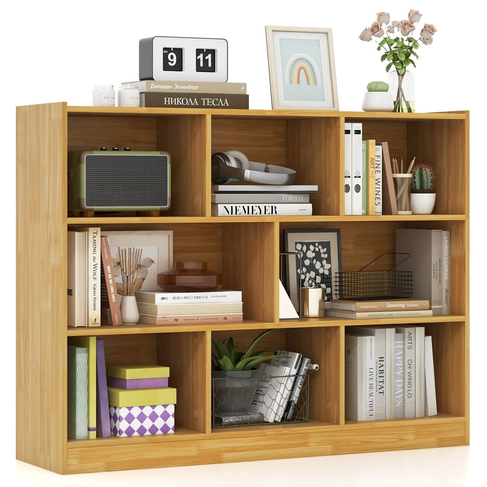 Costway Wood Storage Cube Bookcase 3 Tier 8 Cube Open Shelf Storage Cabinet in Yellow