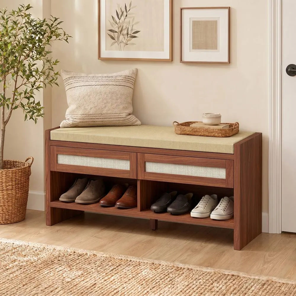 HOMCOM Shoe Bench with 2 Rattan Drawers Cushion Brown 2