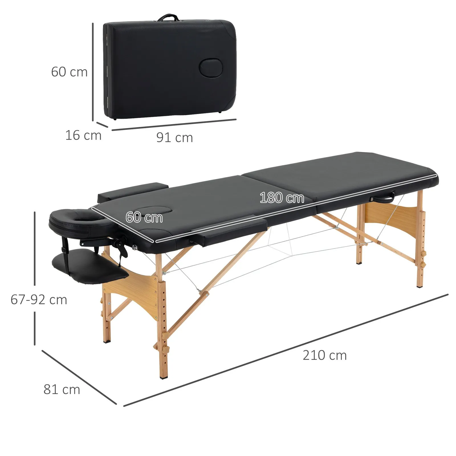 HOMCOM Wooden Folding Spa Beauty Massage Table w/ 2 Sections, Carry Bag in Black 3