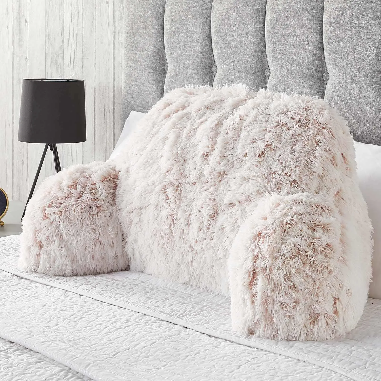OHS Fluffy Fleece Reading Cushion Pillow with Arms Lumbar Chair Support in Pink