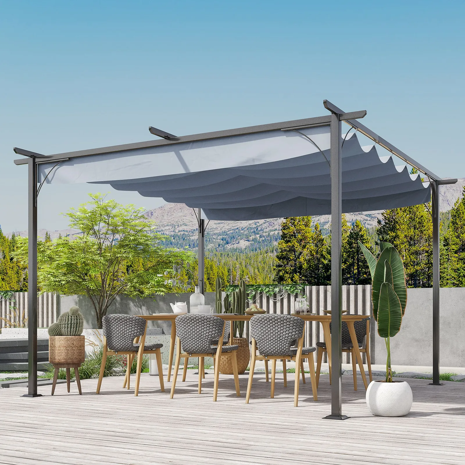 OUTSUNNY 3.5 x 3.5M Steel Pergola Gazebo Backyard Porch Awning Retractable Canopy in Grey