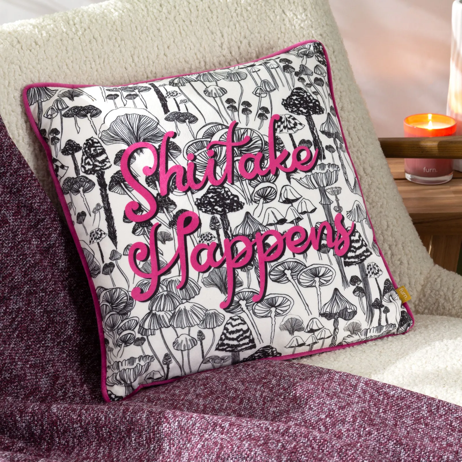 Furn Shiitake Happens Abstract Velvet Piped Cushion in Fuchsia